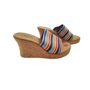 mootsie tootsie 3.25" wedge heel elastic band multicolor strips slide on sandals